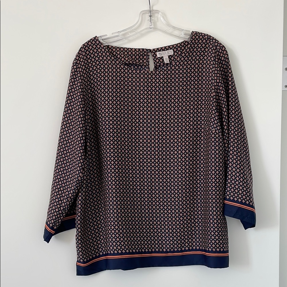 Navy Blue Pattern Print Long Sleeved Blouse Top - Office Style - Size L